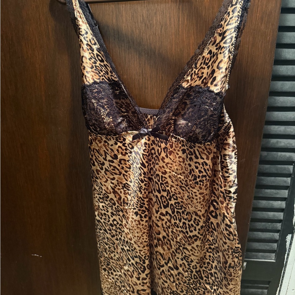 Leopard Satin Lace Chemise Slip - Brown/Black teddy size medium